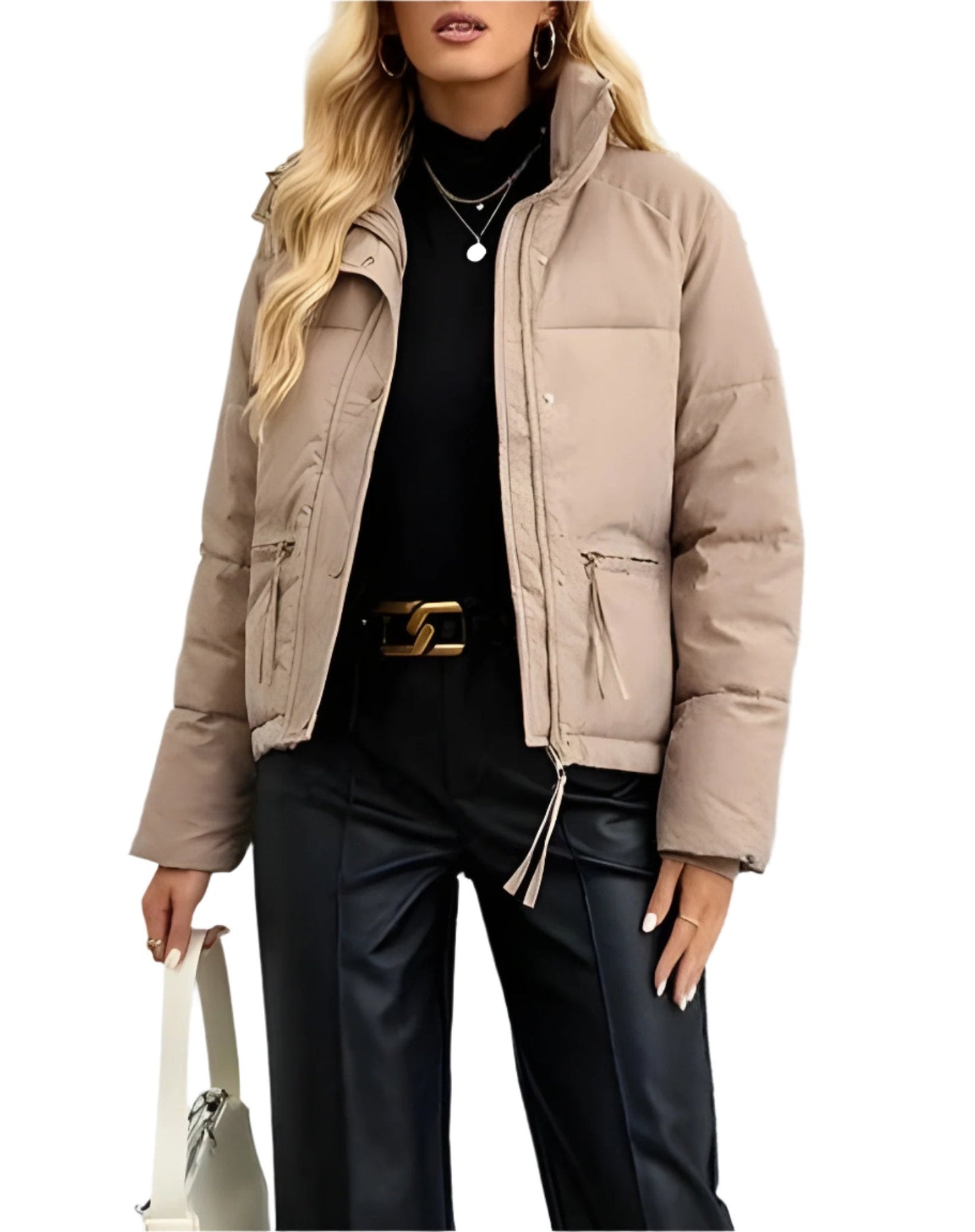 Women's Warm Puffer Jacket with Zipper and High Collar → Women's Warm Insulated Modern Winter Jacket