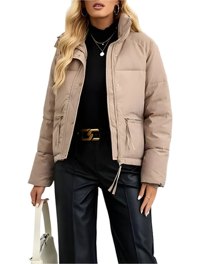 Women's Warm Puffer Jacket with Zipper and High Collar → Women's Warm Insulated Modern Winter Jacket