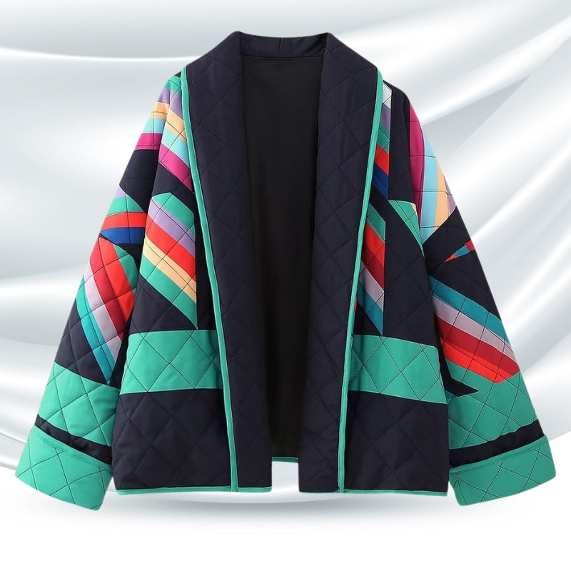 Oversized Quilted Jacket Geometric Pattern Open