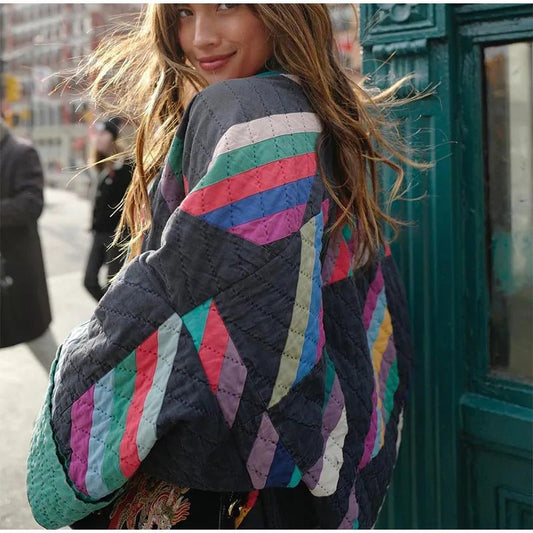 Übergroße Steppjacke Geometrisches Muster Offen - IdealeKleiden