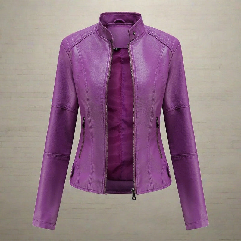 Leather Jacket Slim Fit Biker Style Stand-Up Collar