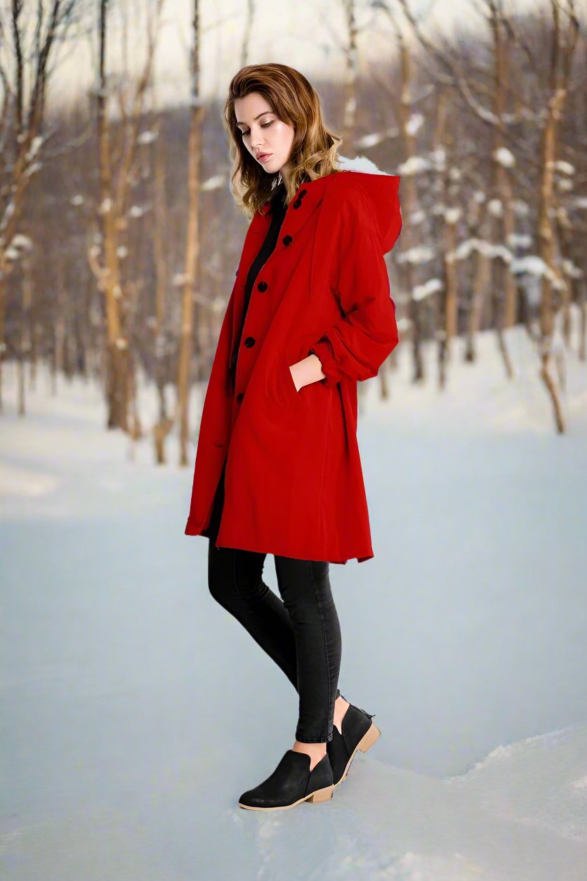 Waterproof knee-length rain jacket with hood