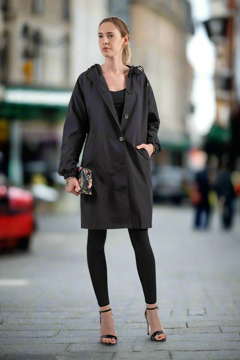 Waterproof knee-length rain jacket with hood