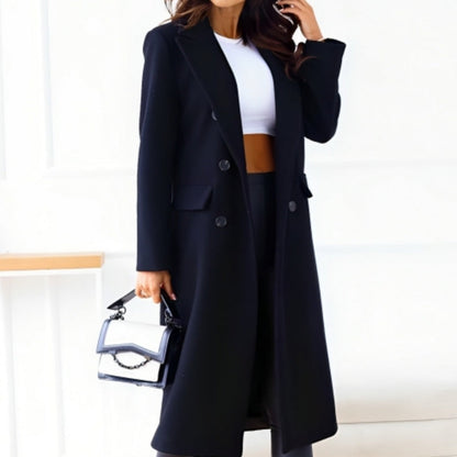 Elegant Women's Clothing - Long Wool Blend with Buttons and Flap Pockets