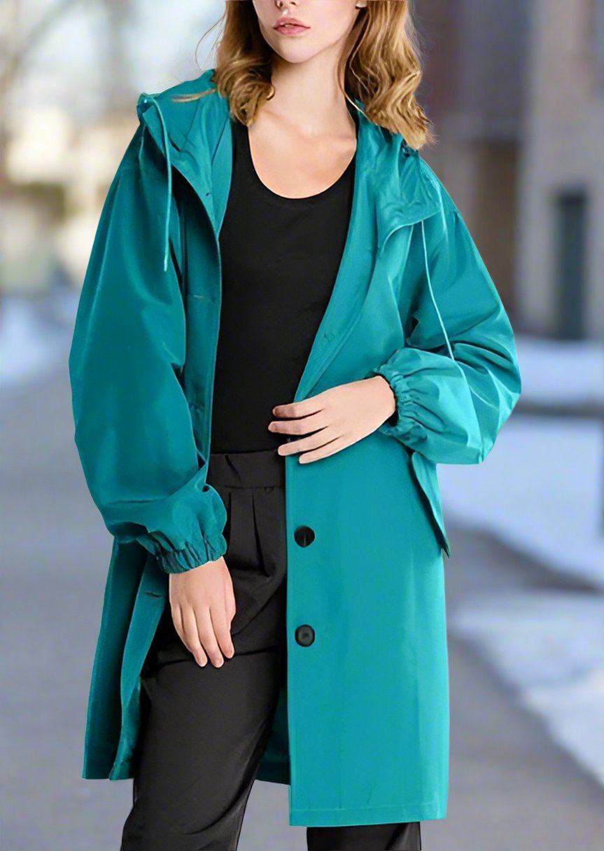 Waterproof knee-length rain jacket with hood