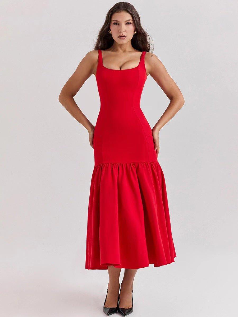 Elegant Midi Dress with Straps and Ruffled Skirt