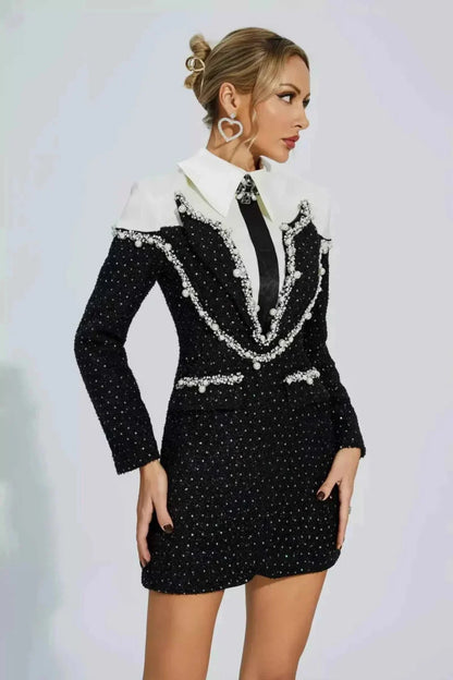 Chic Bouclé Mini Dress Tailored with Pearls and Collar
