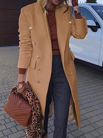 Women's Elegant Wool Coat Lapel Button Pocket