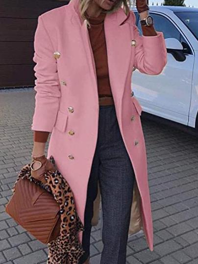 Women's Elegant Wool Coat Lapel Button Pocket