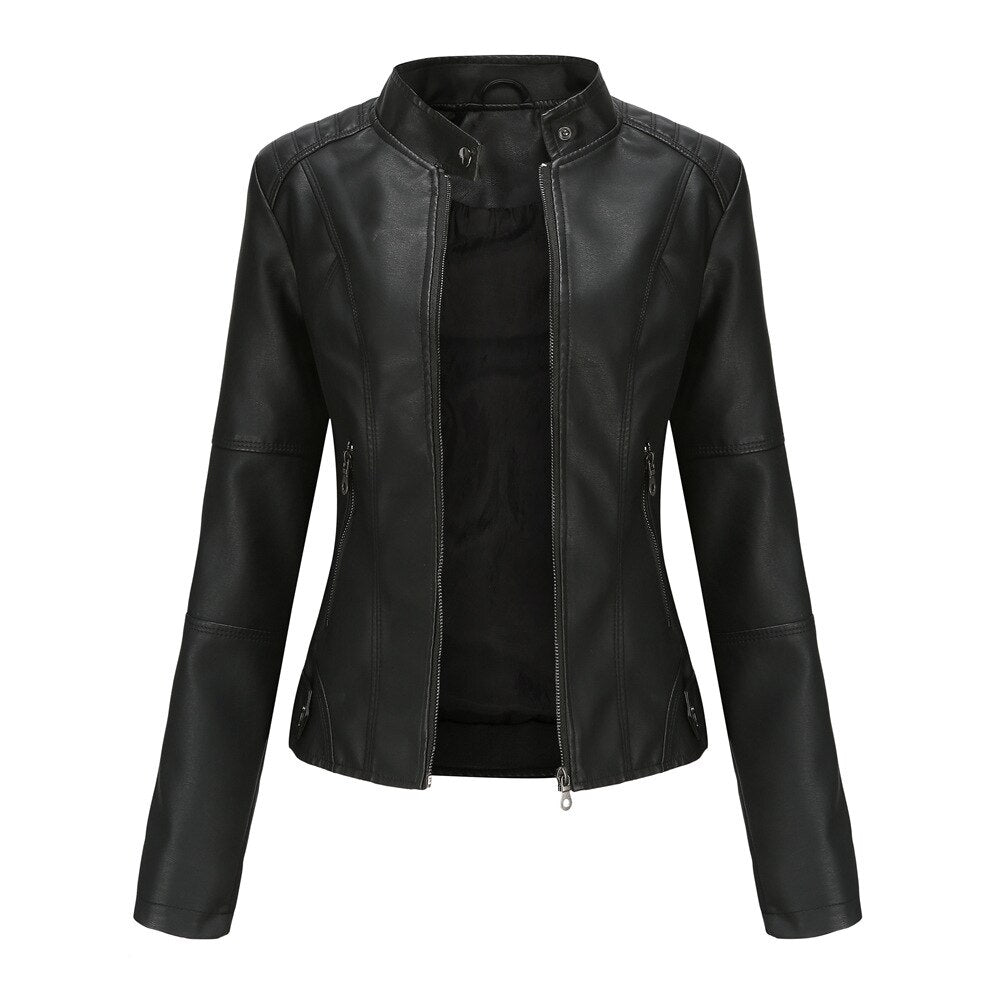 Women's Leather Jacket Elegant Mandarin Collar
