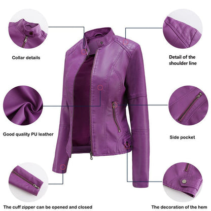 Damen Lederjacke Elegант Mandarin Kragen - IdealeKleiden