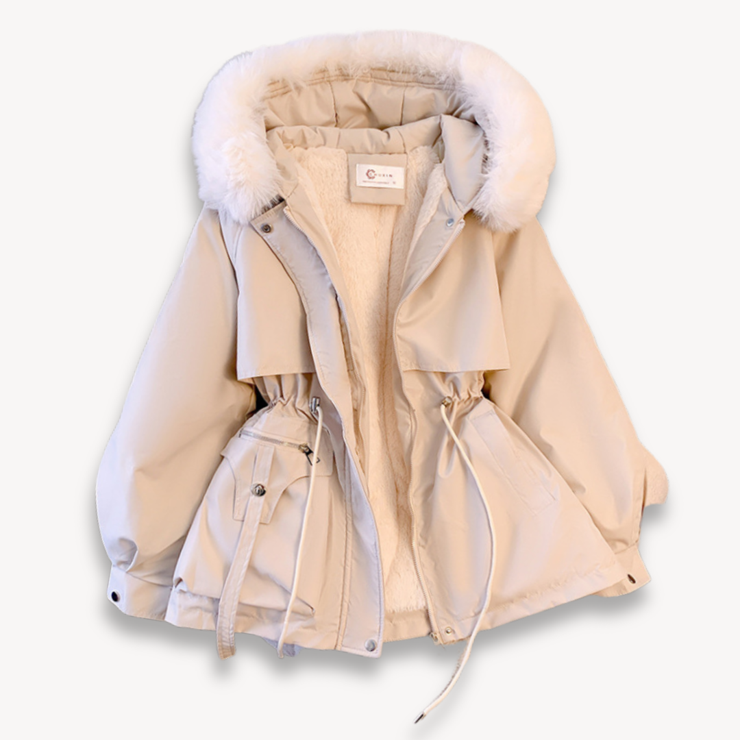 Elegant Parka Jacket Faux Fur Adjustable Waist Hip Length