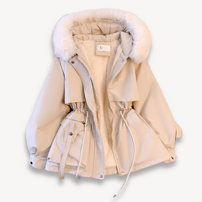 Elegant Parka Jacket Faux Fur Adjustable Waist Hip Length