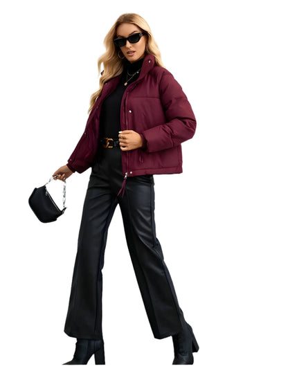 Women's Warm Puffer Jacket with Zipper and High Collar → Women's Warm Insulated Modern Winter Jacket